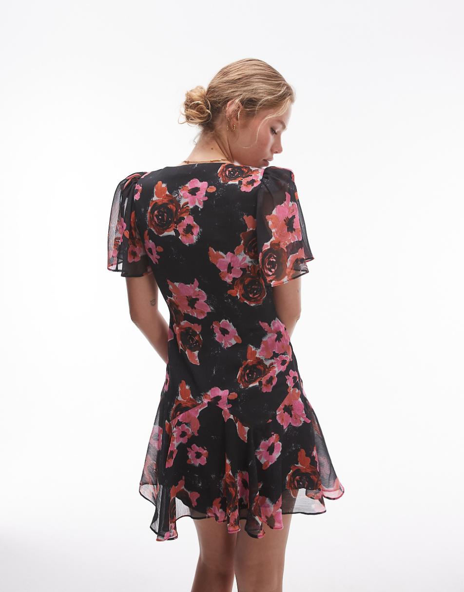 Topshop twist mini tea dress in black and pink floral