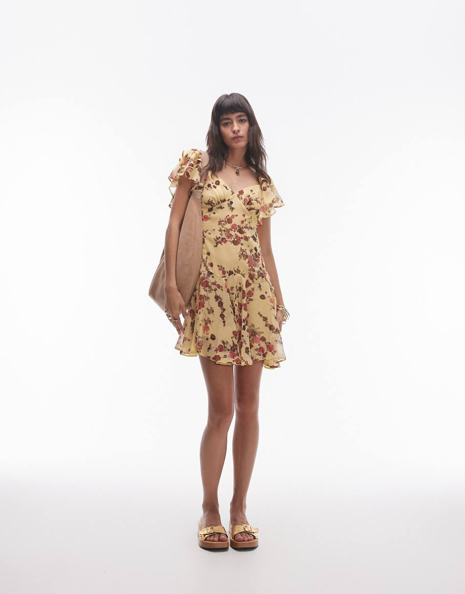 Topshop ruffle mini tea dress in yellow and pink ditsy floral print