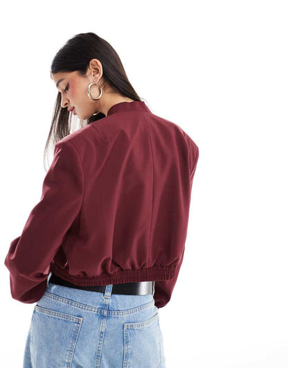 ASOS DESIGN tailored bomber jacket with strong shoulder in claret