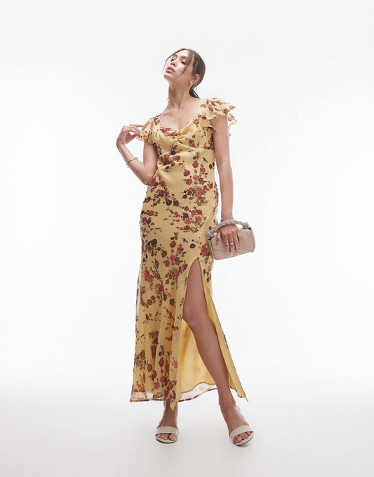 Topshop flutter sleeve occasion maxi dress in yellow floral