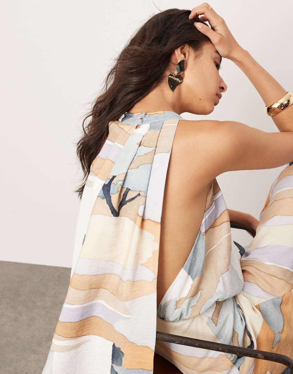 ASOS EDITION halterneck back detail maxi dress with full skirt in abstract print