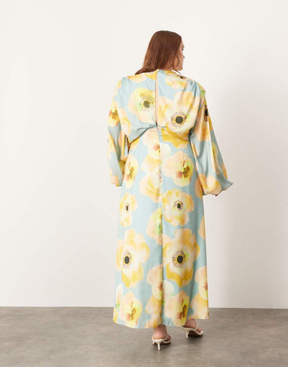 ASOS EDITION Curve satin volume blouson sleeve satin midi dress in large floral print