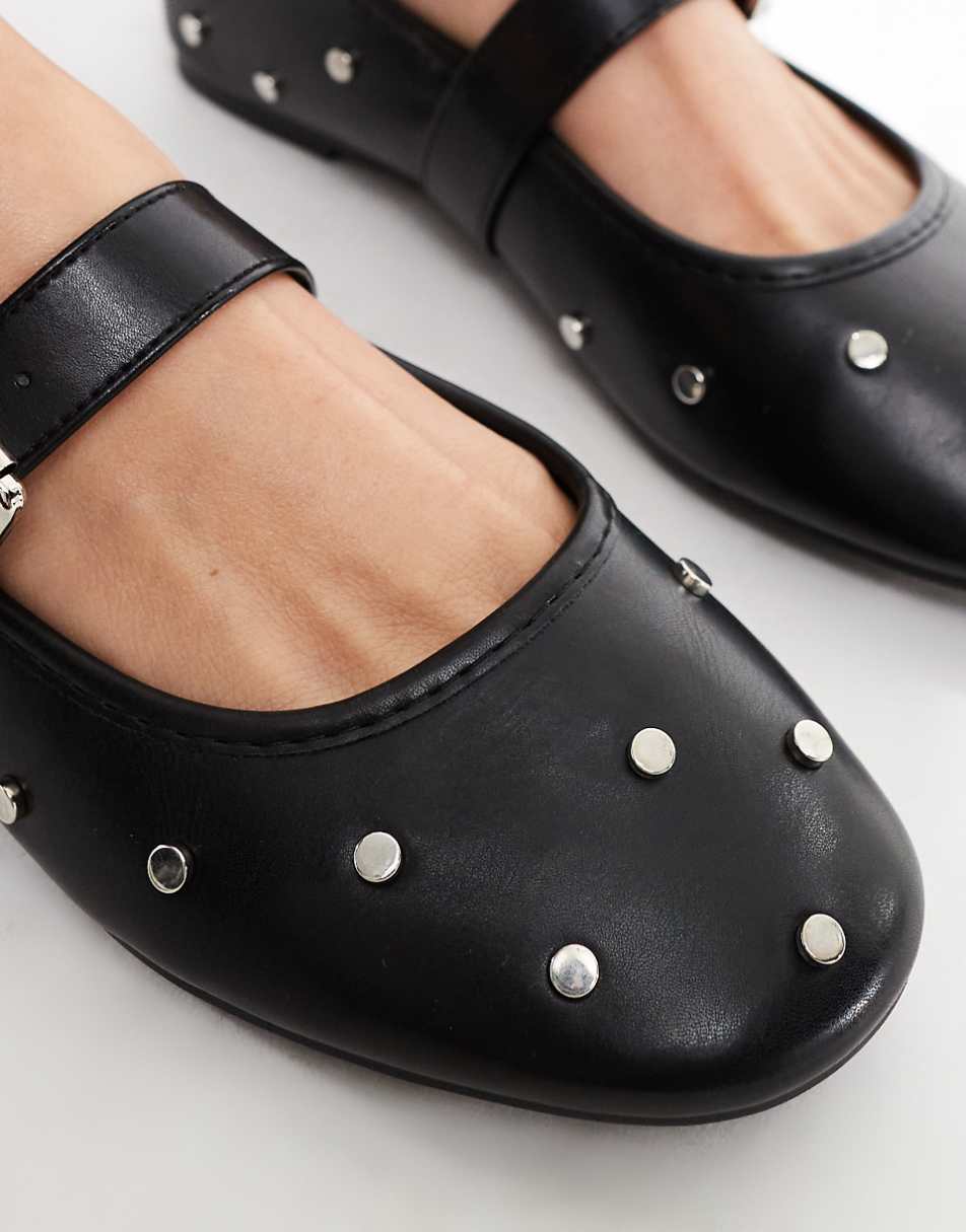 ASOS DESIGN Wide Fit Lou studded Mary Jane ballet flats in black