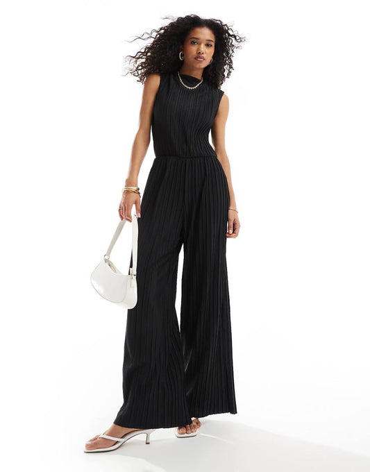 Vero Moda high neck sleeveless plisse jumpsuit in black