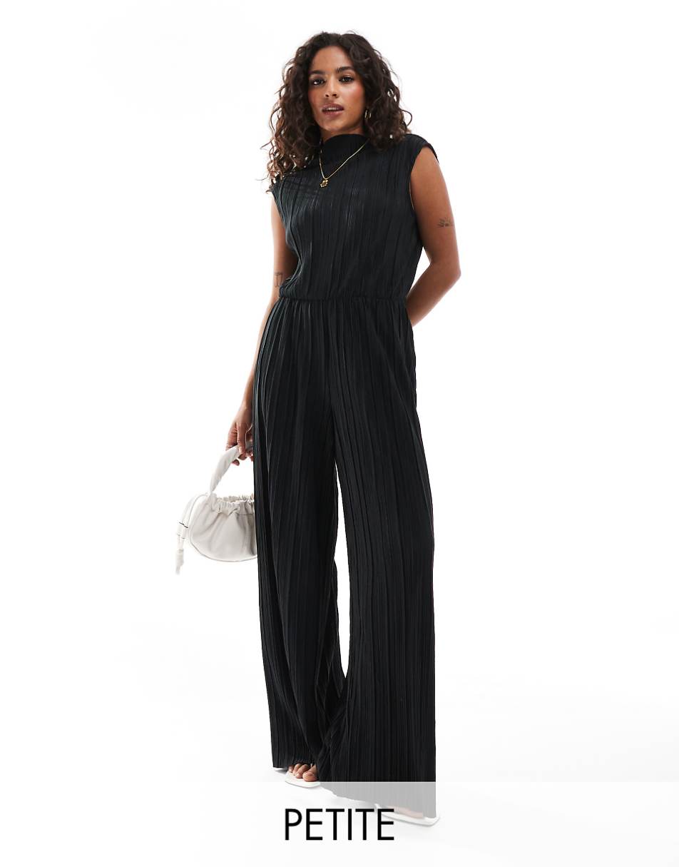 Vero Moda Petite high neck sleeveless plisse jumpsuit in black