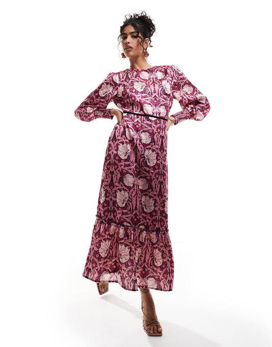 Hope & Ivy in collaboration with The William Morris Society high neck midi dress with bow back in pink print