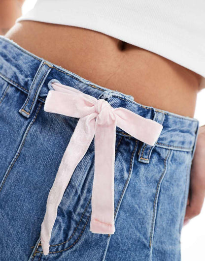 Mango bow front denim pleated skirt in blue