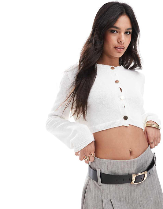 ASOS DESIGN cropped cardi with gold buttons in white