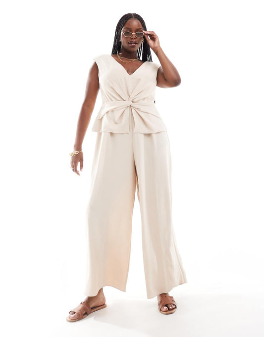 ASOS DESIGN Curve v neck wrap vest jumpsuit in oatmeal