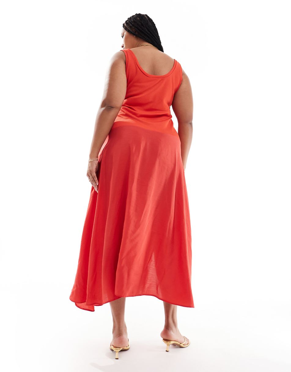 ASOS DESIGN Curve scoop neck hybrid rib knit and cupro midi dress in red