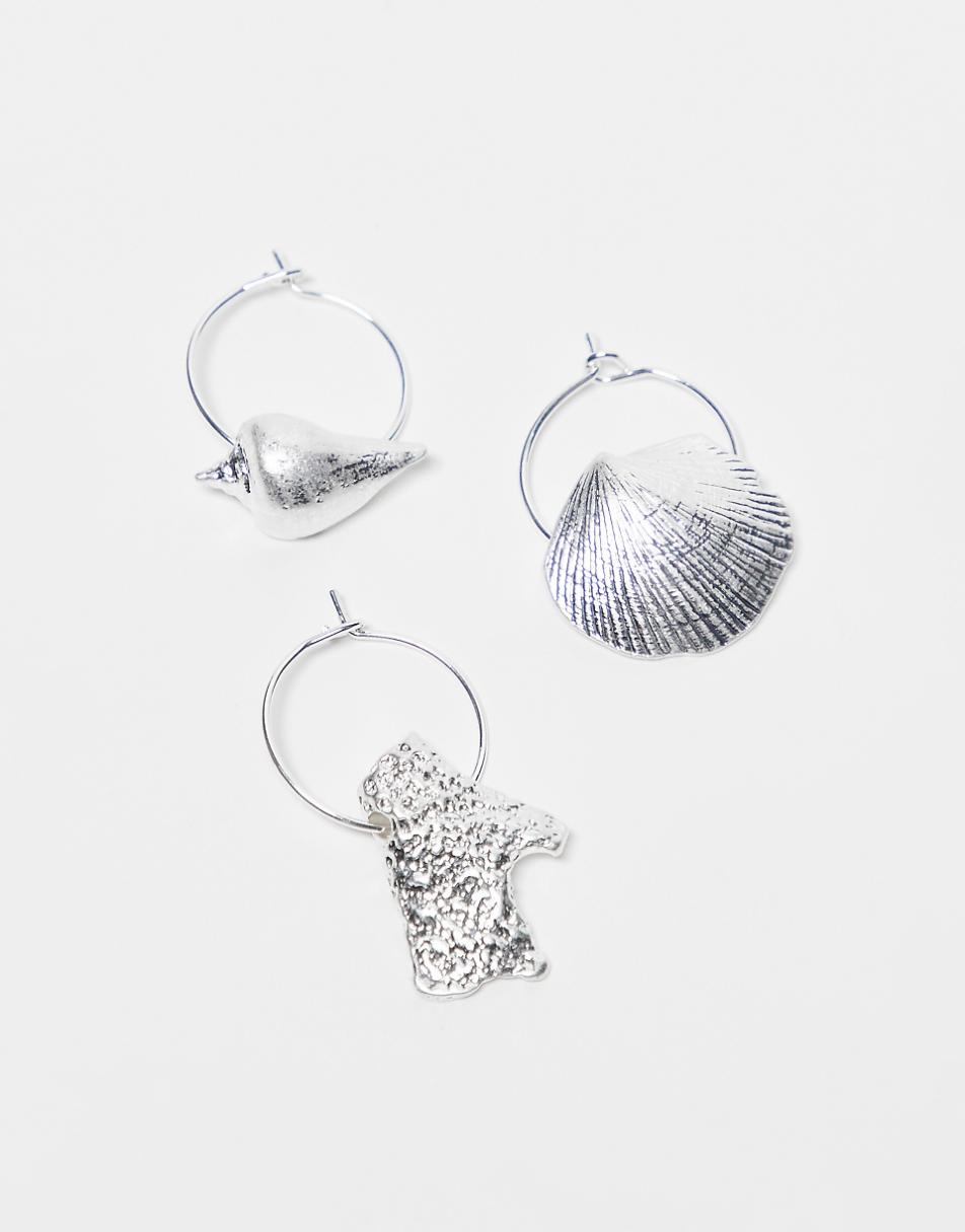 Weekday hoop earrings 3-pack with shell charms in silver