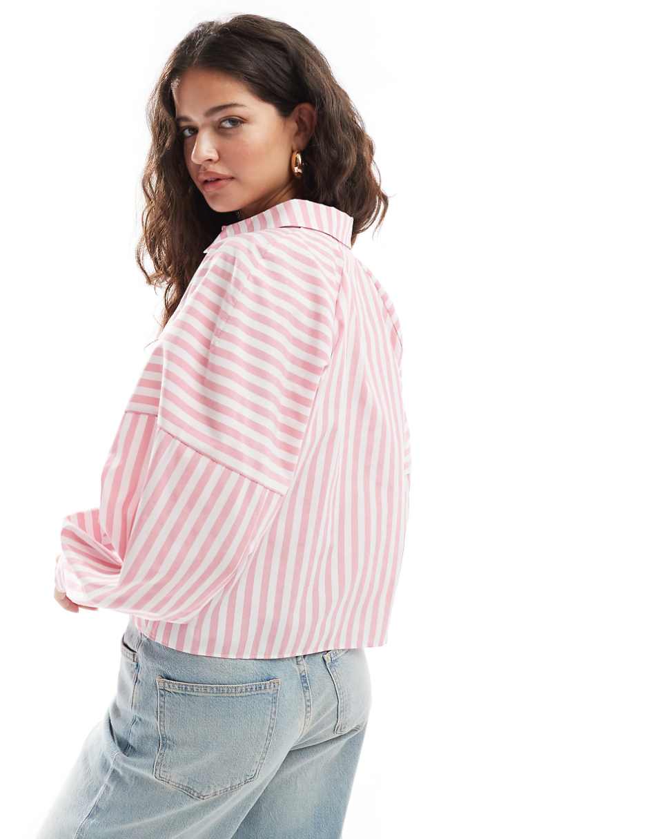 ASOS DESIGN spliced detail volume shoulder shirt in pink stripe