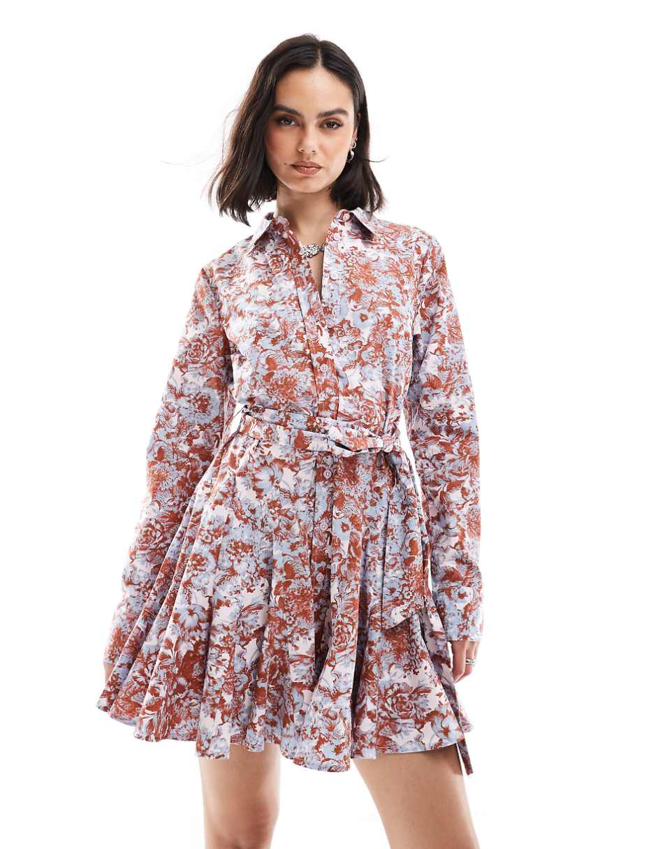 ASOS DESIGN godet pleated mini shirt dress in floral print