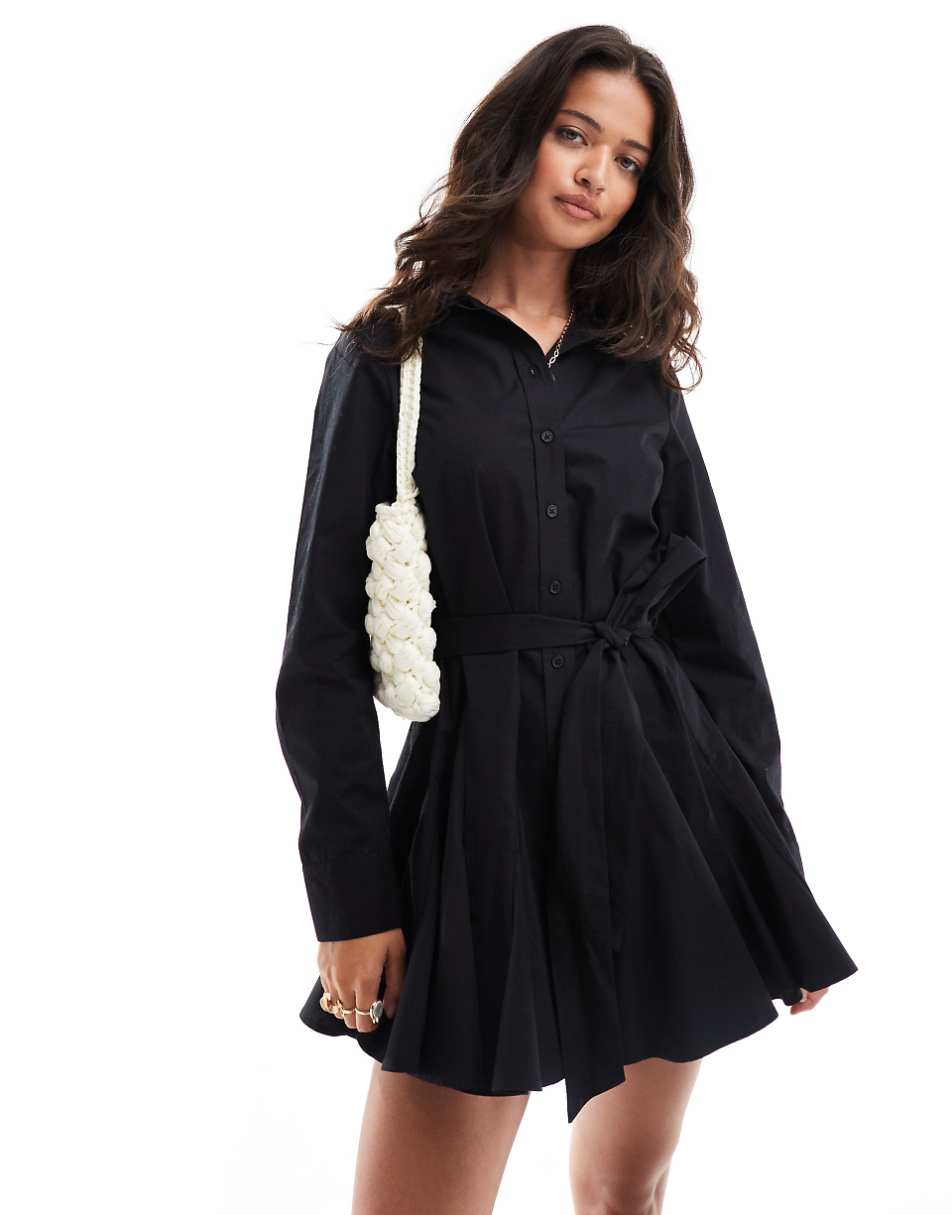 ASOS DESIGN godet pleated mini shirt dress in black