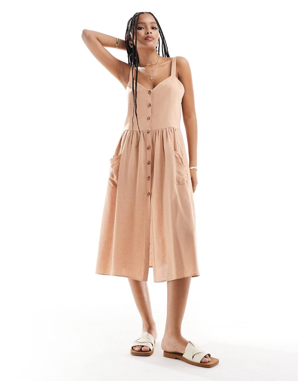 ASOS DESIGN linen look natural button up midi dress with pockets in biscuit