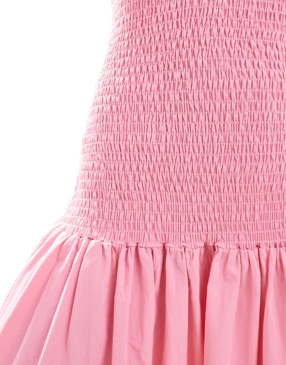 ASOS DESIGN dropped waist shirred bandeau midi dress in pink