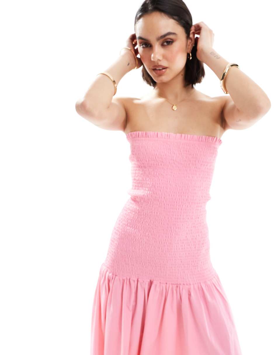 ASOS DESIGN dropped waist shirred bandeau midi dress in pink