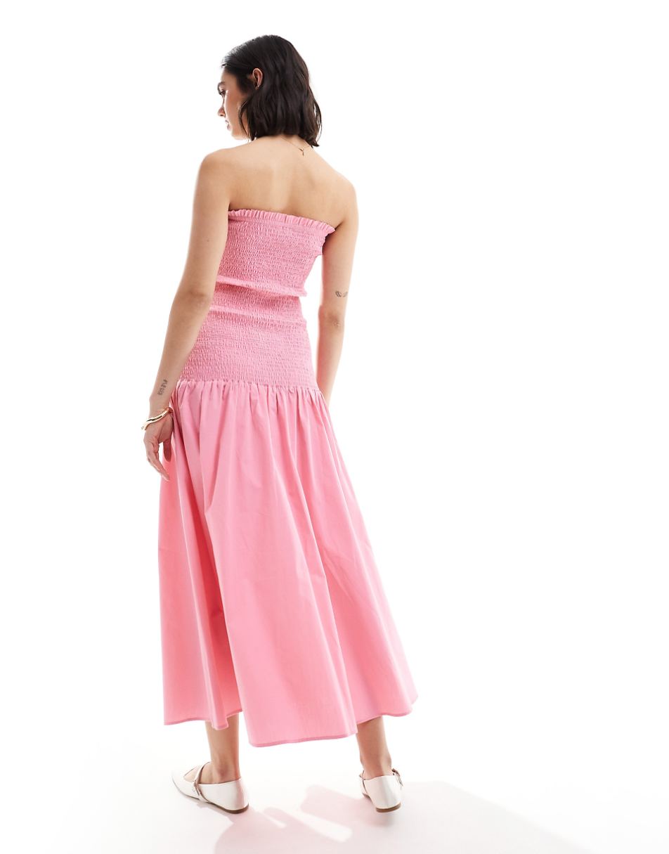 ASOS DESIGN dropped waist shirred bandeau midi dress in pink