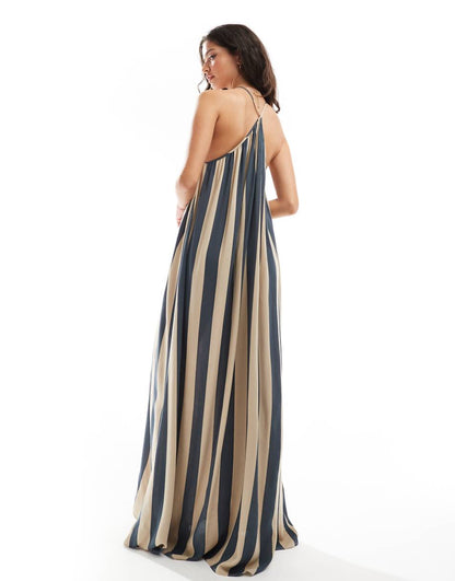 ASOS DESIGN viscose trapeze maxi dress in navy and beige stripe