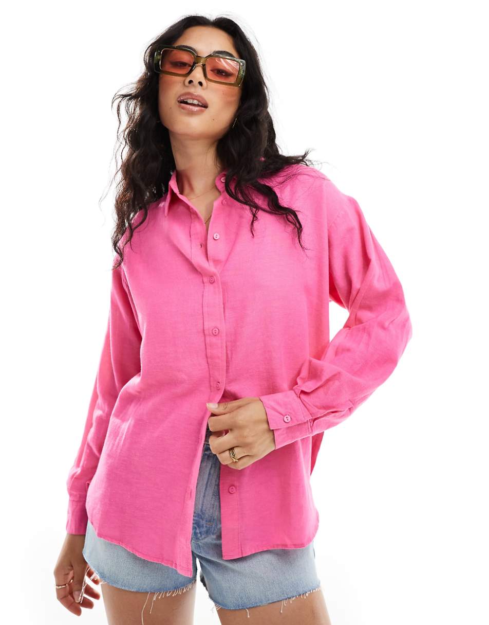 Stradivarius linen mix relaxed shirt in bright pink