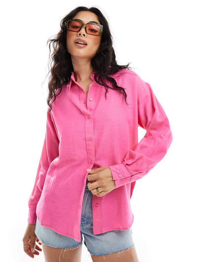 Stradivarius linen mix relaxed shirt in bright pink