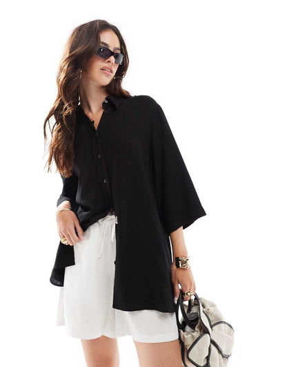 ASOS DESIGN relaxed fit linen shirt in black