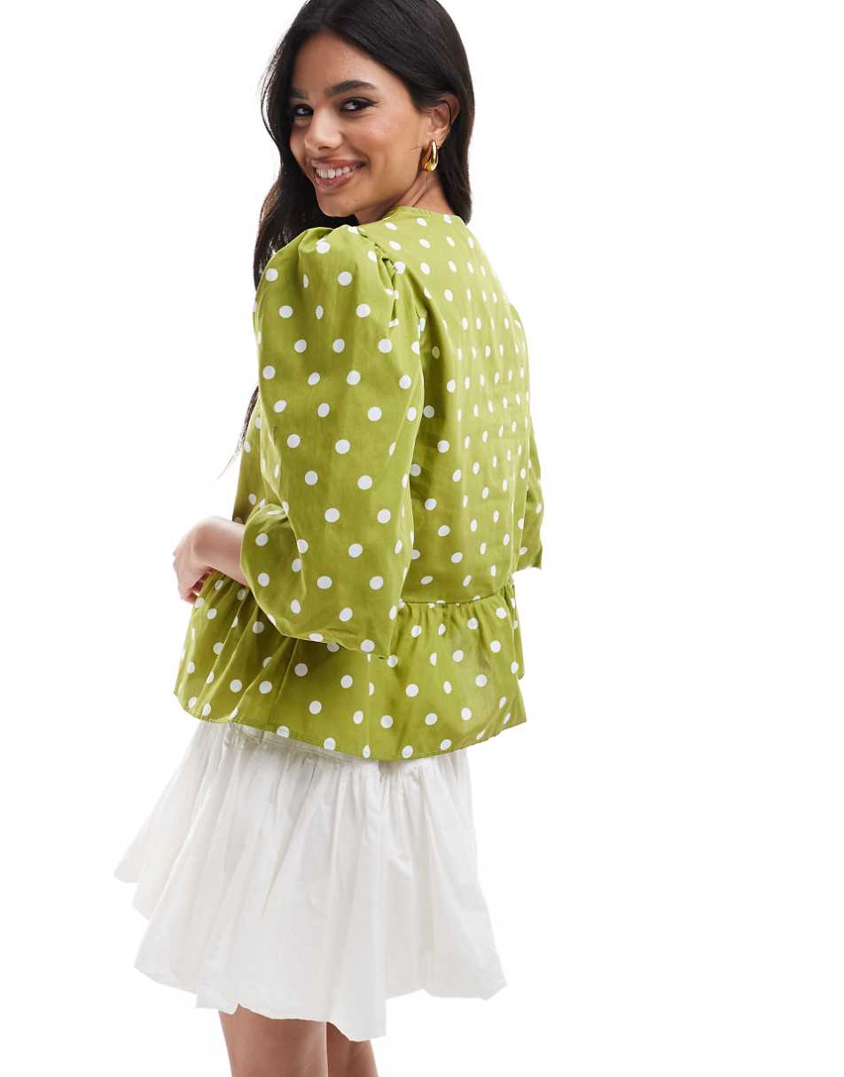 ASOS DESIGN cotton poplin peplum tie shirt top in green & white polka dot print