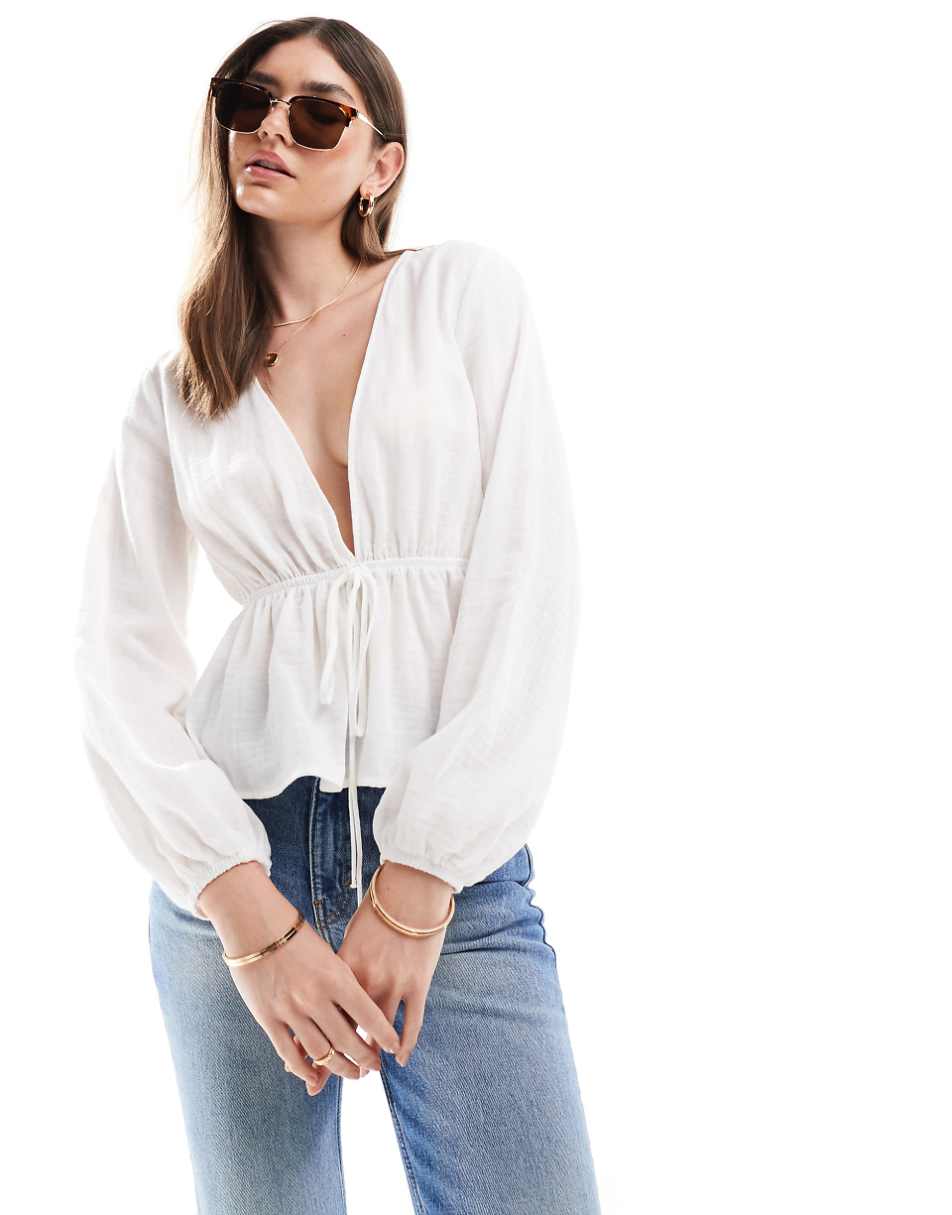 ASOS DESIGN cheesecloth long sleeve cropped smock top with ties in white