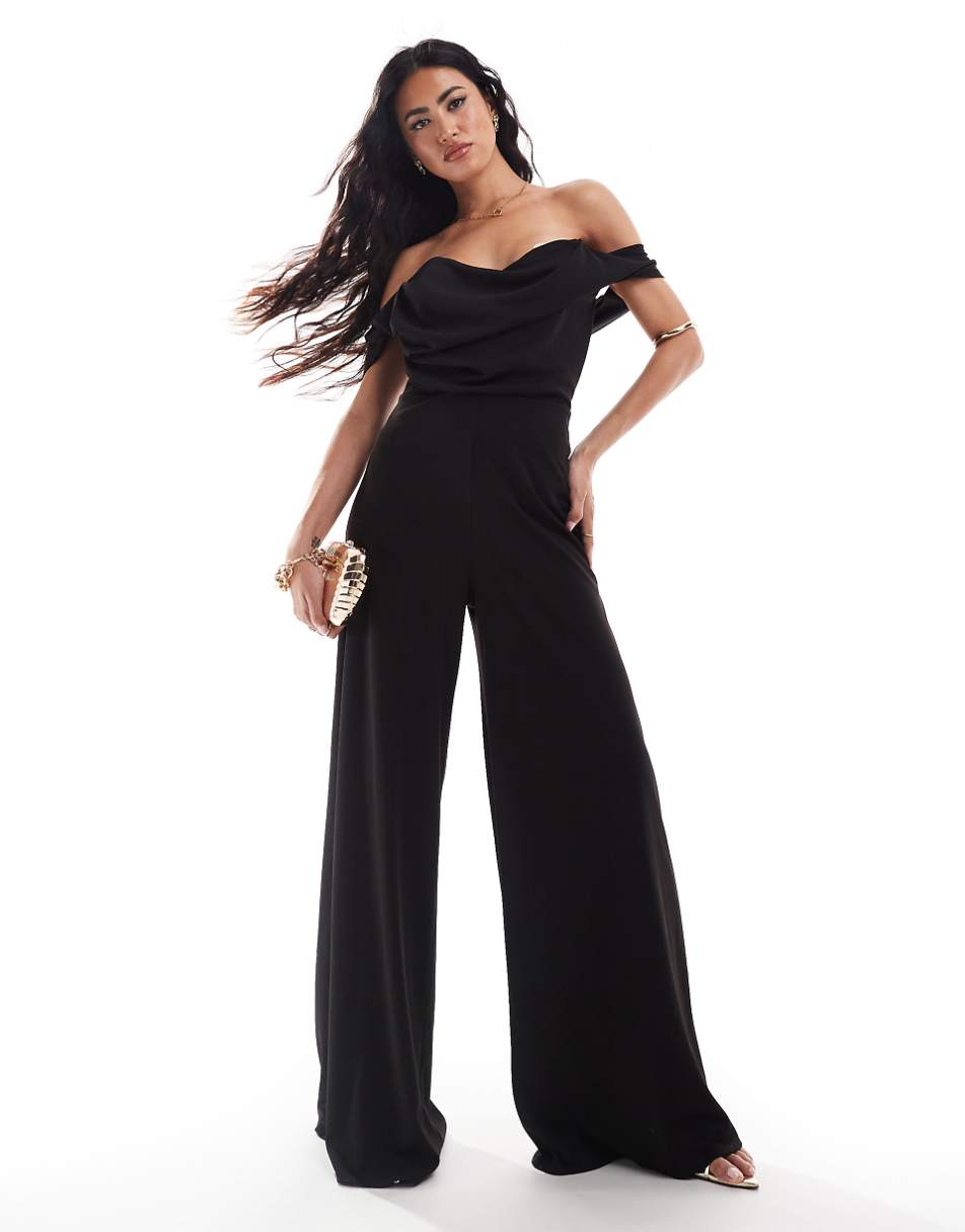 ASOS DESIGN off the shoulder structured neckline jumpsuit in black