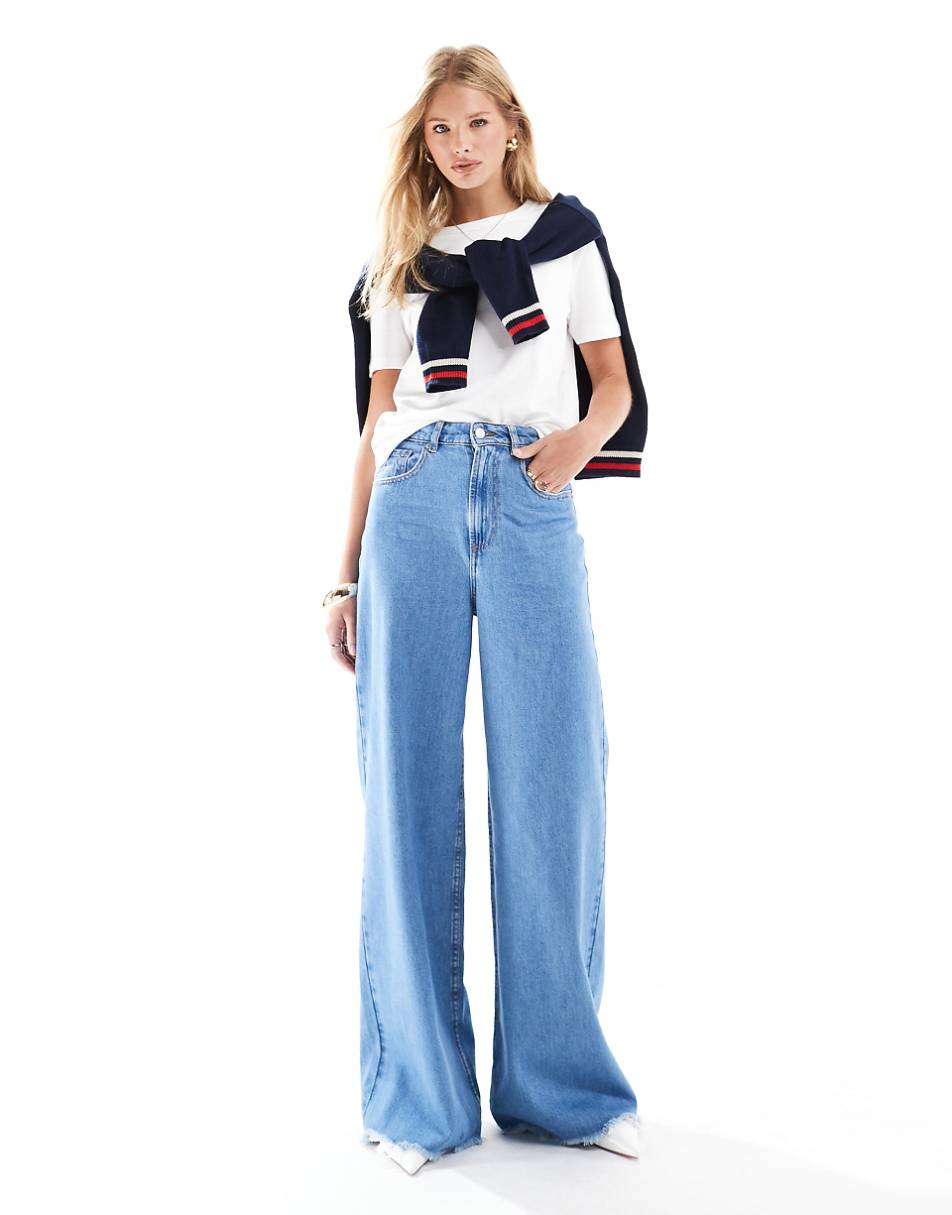 ASOS DESIGN high waist wide leg jeans with cinch waist in clean blue with raw hem