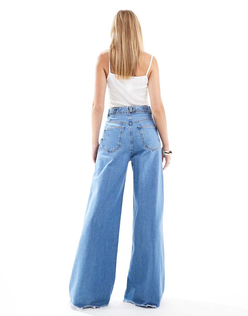 ASOS DESIGN high waist wide leg jeans with cinch waist in clean blue with raw hem