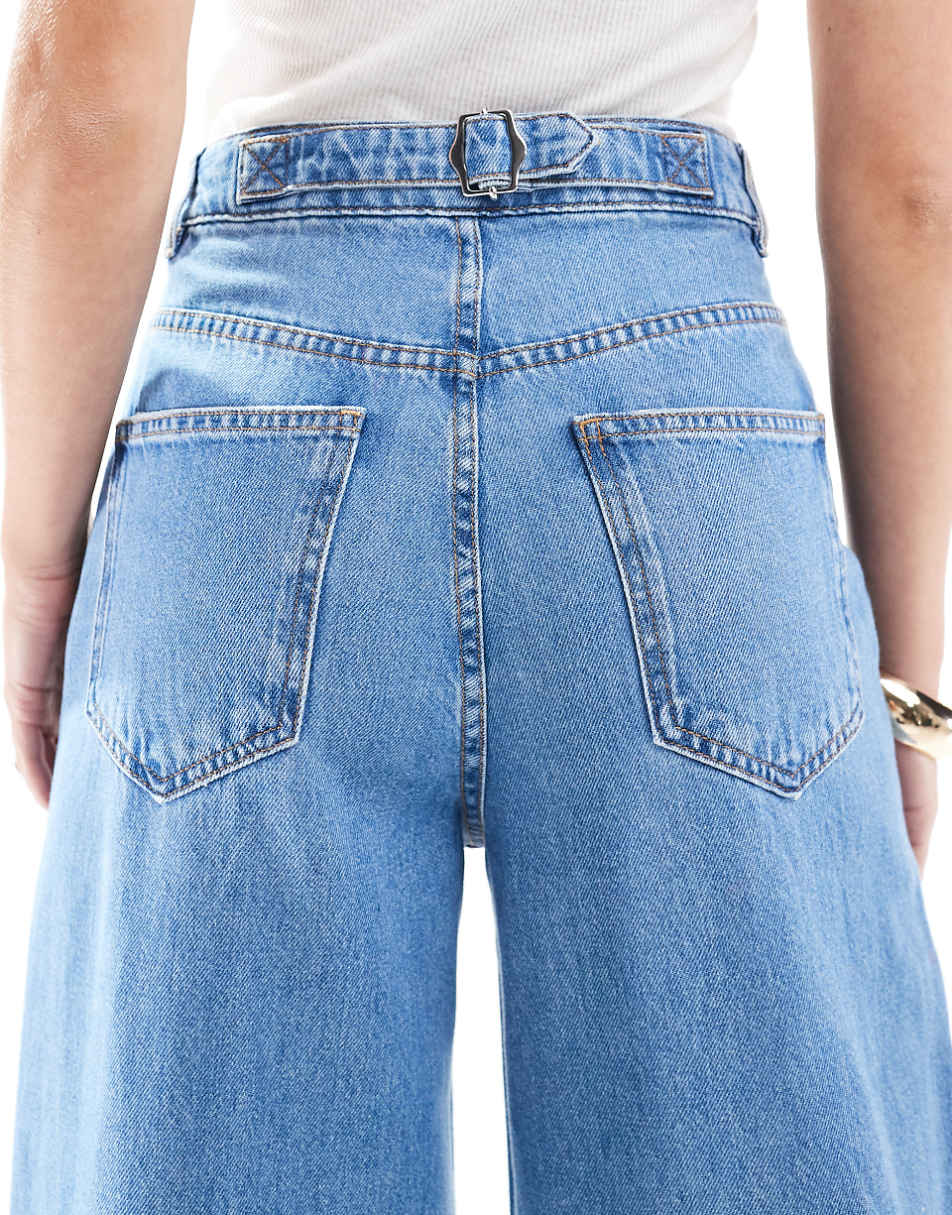 ASOS DESIGN high waist wide leg jeans with cinch waist in clean blue with raw hem