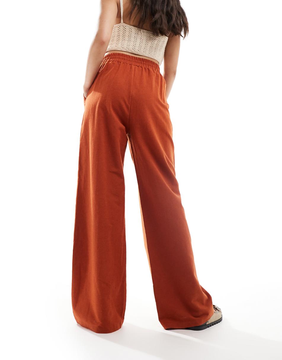 ASOS DESIGN tie waist wide leg pants with linen in terracotta