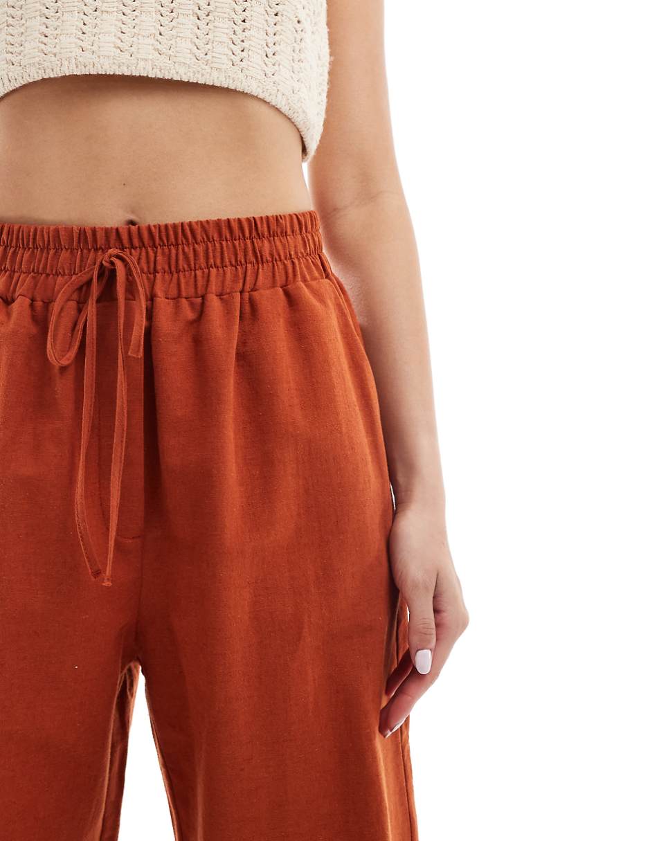 ASOS DESIGN tie waist wide leg pants with linen in terracotta
