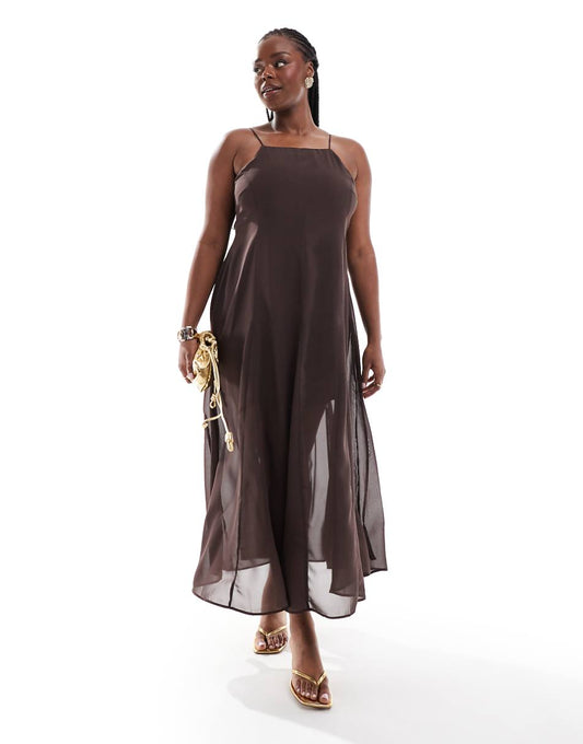 ASOS DESIGN Curve square neck midi dress with godets in chocolate