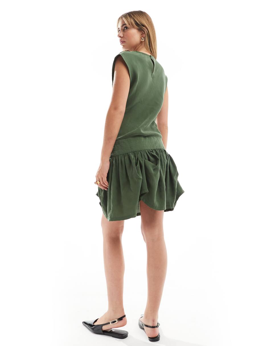 ASOS DESIGN cowl neck hitched hem cupro mini dress in dark green