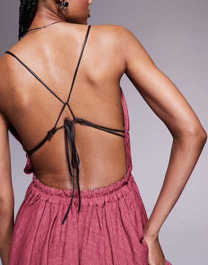 ASOS DESIGN ragged hem mini plunge dress with PU trim detail in burgundy