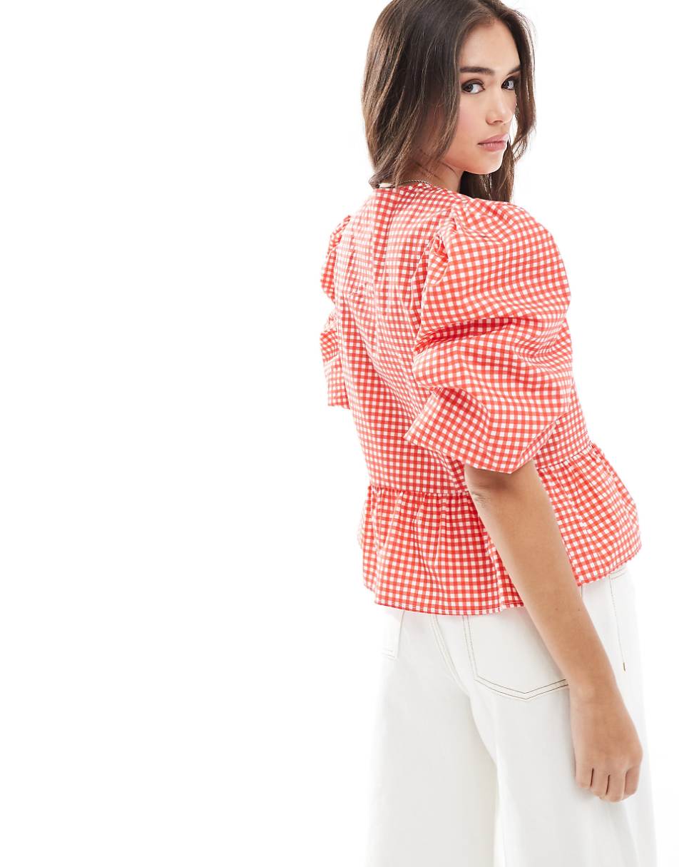 ASOS DESIGN cotton poplin tie front peplum blouse in red gingham