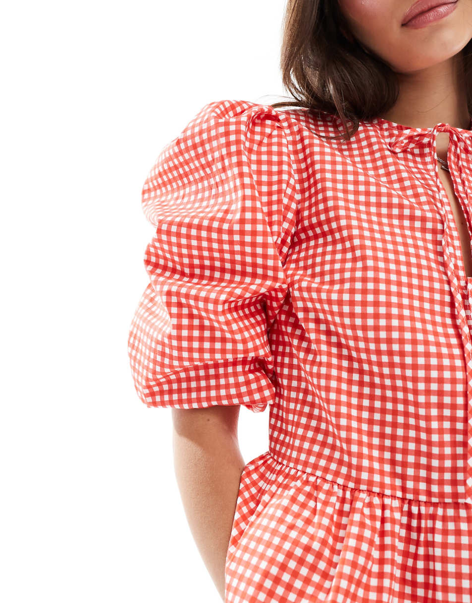 ASOS DESIGN cotton poplin tie front peplum blouse in red gingham