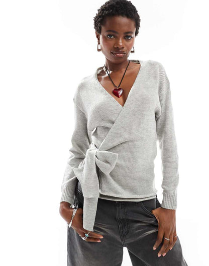 Glamorous wrap front sweater in gray heather knit