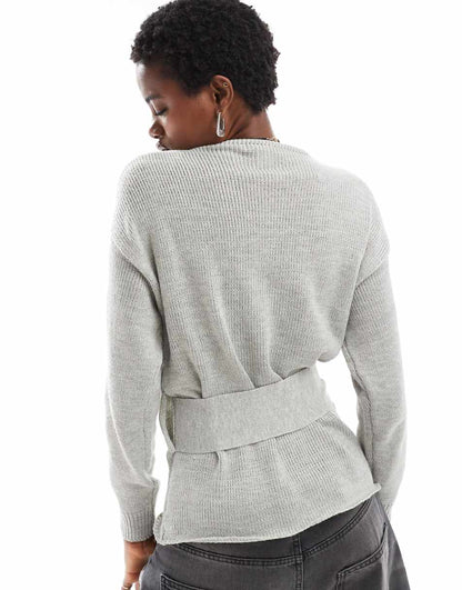 Glamorous wrap front sweater in gray heather knit