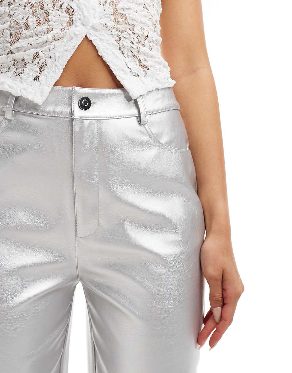 ASOS DESIGN faux leather straight leg pants in silver