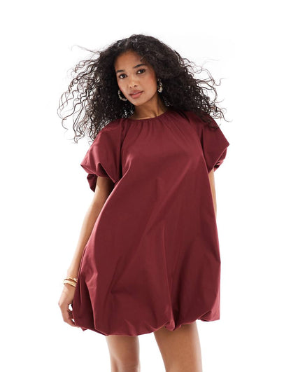 ASOS DESIGN puffed smock mini dress in burgundy