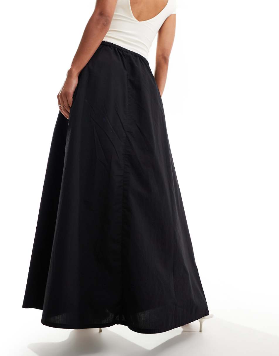 Monki poplin maxi skirt with drawstring waist in black