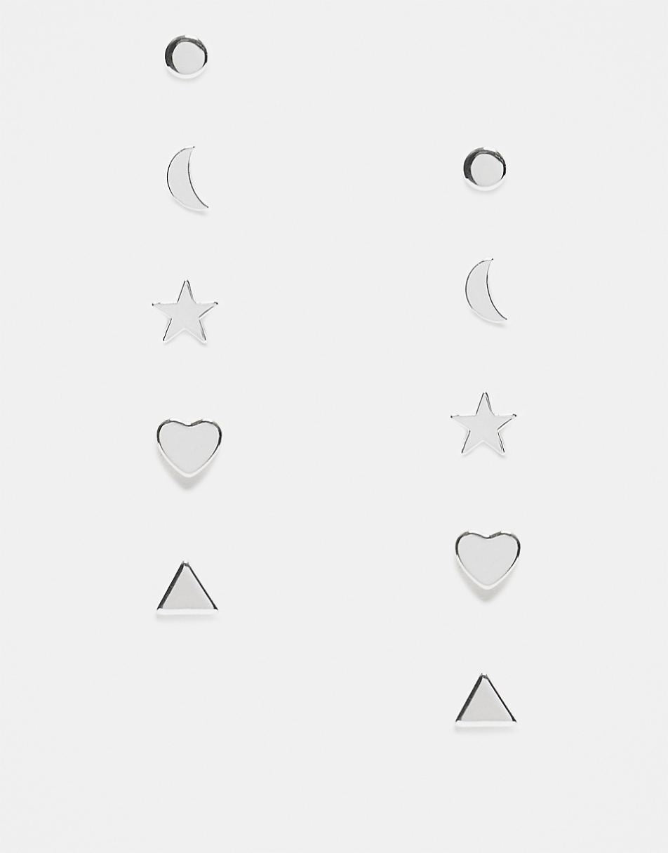Monki 5 pack stud earrings star, moon, triangle, circle and heart in silver