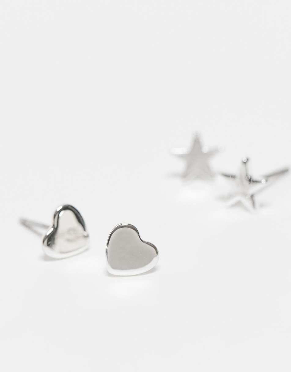 Monki 5 pack stud earrings star, moon, triangle, circle and heart in silver