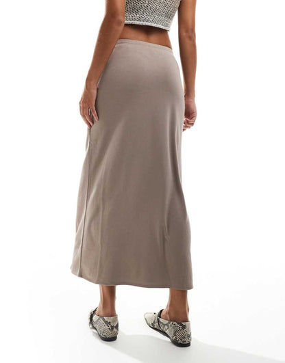 Monki super soft jersey midi skirt with elastic fold in mole beige