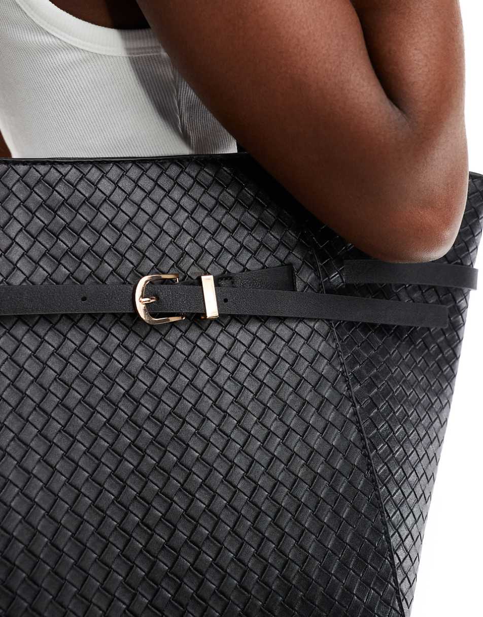 ASOS DESIGN woven tote bag with belt buckle detail in black