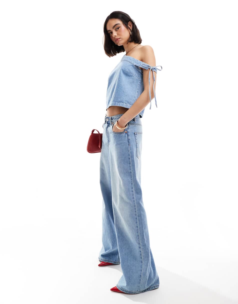 ASOS DESIGN denim off the shoulder top in mid blue