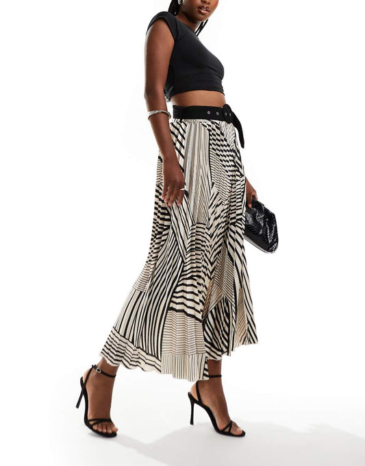 Style Cheat pleated midi skirt with belt in geo print